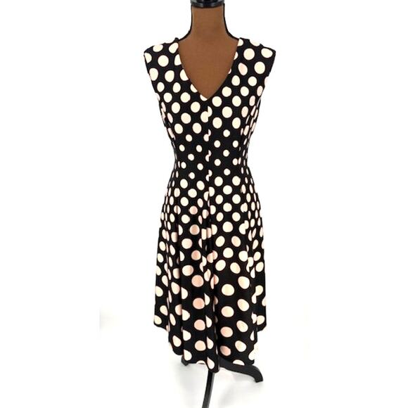 Gabby Skye Black and Pink Polka Dot Fit & Flare Retro Midi Dress – Size 6 - Picture 1 of 6